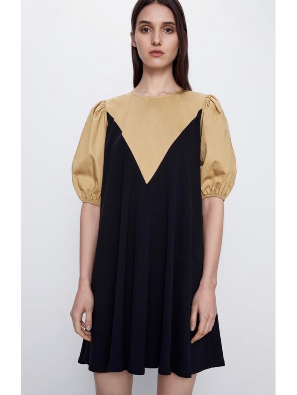 ZARA Mixed Media Puff Sleeve Black Mini Dress - Women's Small NWOT